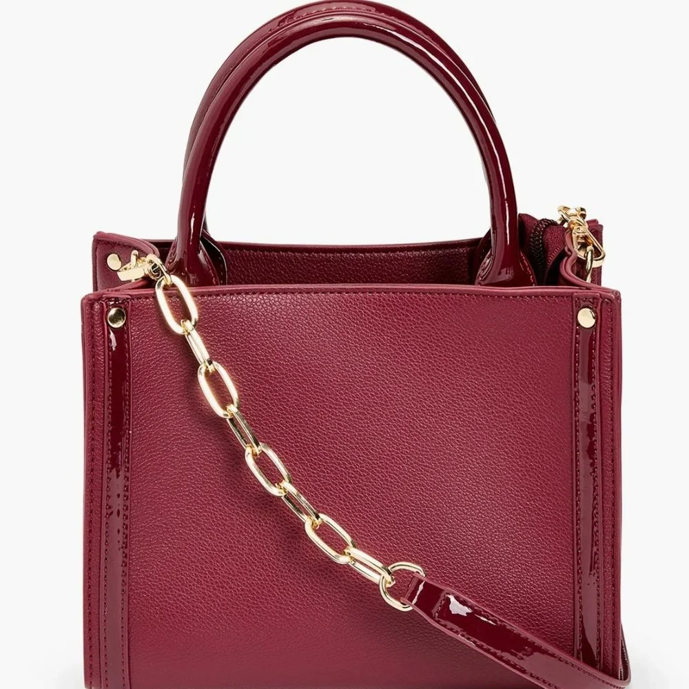 Burgundy Vegan Leather Chain Handle Satchel – Chic Structured Crossbody Purse